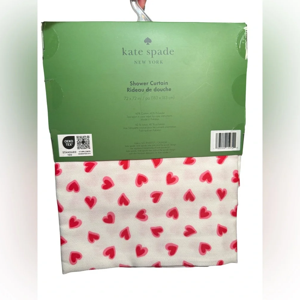 Kate Spade New York NWT White & Red Pink Hearts Cloth 72 x 72” Shower Curtain